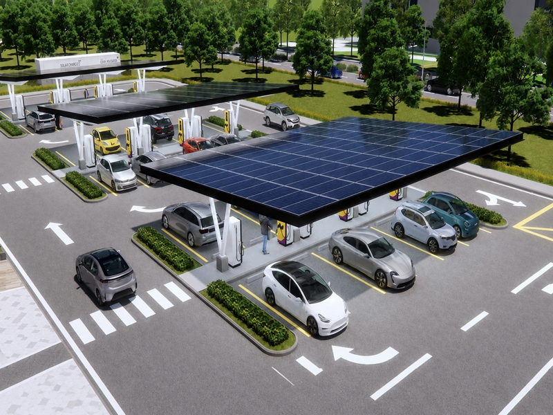 Solar Panel Covered Parking Lots With E-Car Charging Stations